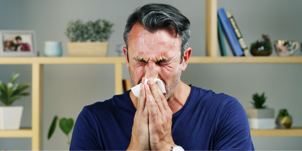 Man with summertime allergies sneezing into a tissue