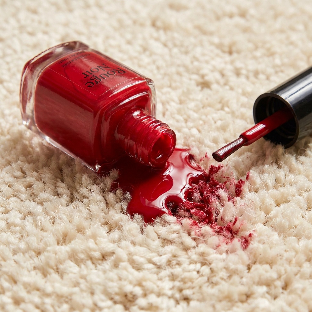 Red nail varnish spilled on a pristine beige carpet